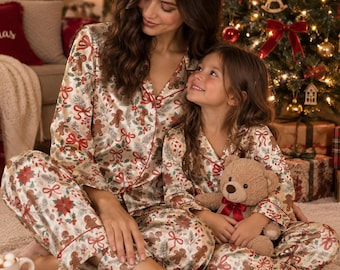 Christmas Gingerbread Satin Pajama Set for Women Girls, Mother Daughter Matching Sleepwear, Red Bow Holiday Pajamas, Xmas Gift