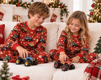 Kids Christmas Pjs Monster Truck Pajama Set, Red Festive Truck Holiday Sleepwear for Boys Girls, Sibling Matching Family Xmas Gift Pjs