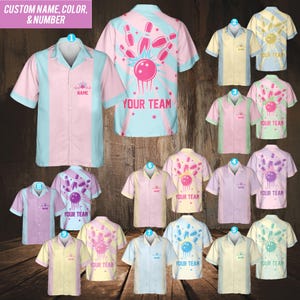 May include: A collection of ten bowling-themed shirts in a pastel colour scheme. The shirts feature a bowling ball and pins graphic with the text "Your Team".