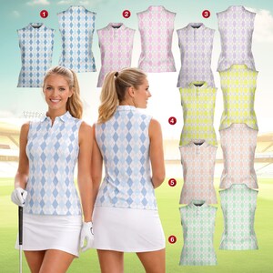 May include: A woman wearing a sleeveless golf shirt with a blue and white diamond pattern, paired with a white skirt. The image also shows six different sleeveless golf shirts in various colors and patterns, including pink, yellow, and green.