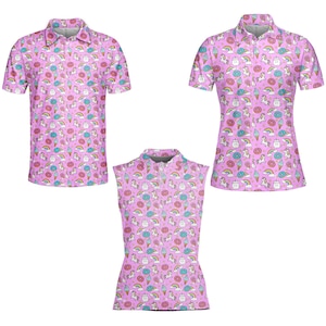 Polo con diseño de unicornio rosa y donut para hombre y mujer, divertido polo de golf con arcoíris pastel, camiseta unisex sin mangas y de manga corta kawaii.