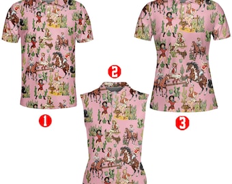 Cowgirl Pin Up Rodeo Polo Shirt for Women Men, Western Horse Riding Button Up Shirt, Funny Retro Country Cowboy Golf Top