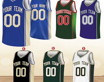 Puede incluir: Seis camisetas de baloncesto diferentes con varias combinaciones de colores. Las camisetas tienen cuello en V, sin mangas, y presentan el texto "Your Team" y "Your Name" con el número "00" en la parte delantera.