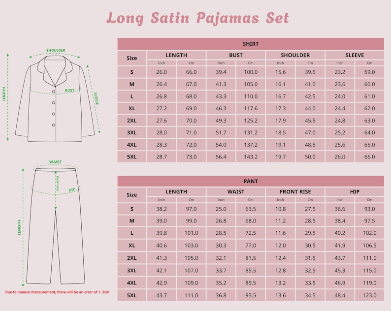 May include: A size chart for a long satin pajama set, including shirt and pant measurements in inches and centimeters. The chart details sizes S through 5XL, with measurements for length, bust, shoulder, sleeve, waist, front rise, and hip.