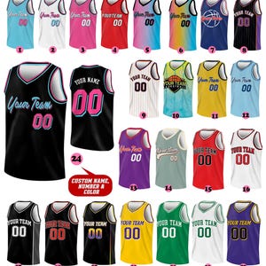 May include: A collection of 23 basketball jerseys with various color combinations and designs. The jerseys feature the text "Your Team" and a number "00". Some jerseys have additional text like "Your Name" and "Your Team Basketball".