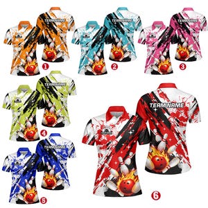 May include: A collection of short-sleeved bowling shirts in various colors, including orange, blue, pink, green, and red. Each shirt features a bowling ball on fire, pins, and the text "TEAM NAME".