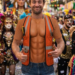 Puede incluir: Una camiseta de manga corta con cuello redondo que presenta un gráfico impreso de un torso musculoso y un chaleco de seguridad naranja de alta visibilidad con rayas plateadas reflectantes. El diseño incluye bolsillos con un destornillador y una llave.
