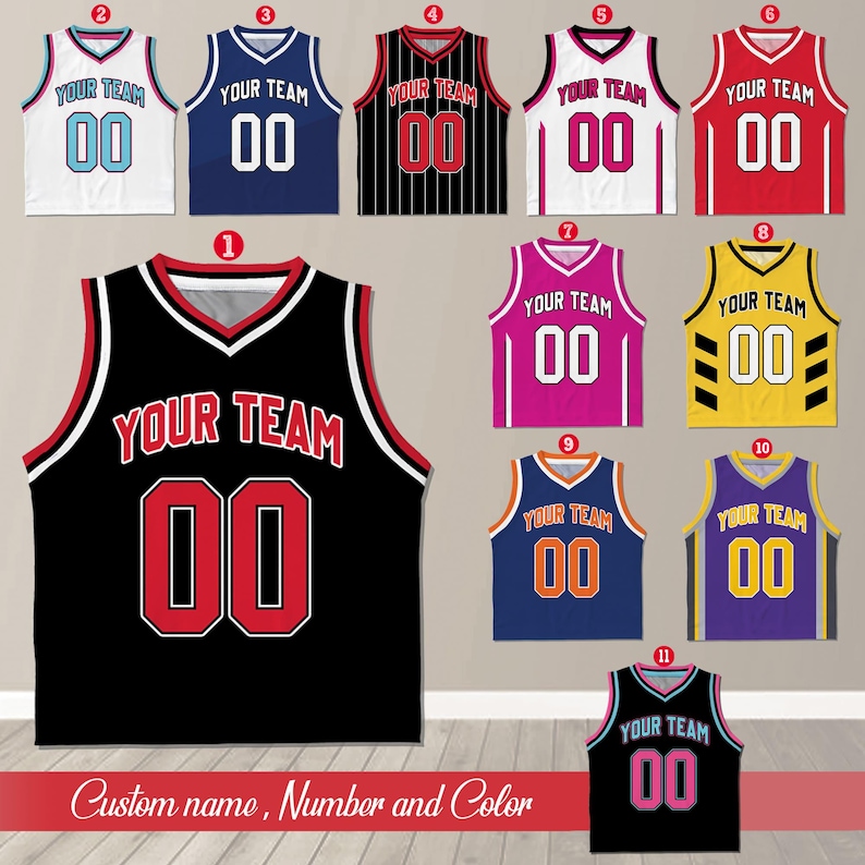 May include: Eleven different basketball jerseys in a variety of colour combinations. Each jersey has the text "YOUR TEAM" and the number "00" printed on the front.