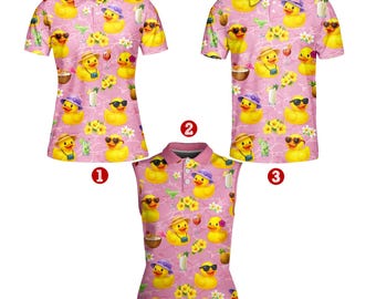 Pink Duck Polo Shirt for Men Women, Retro Neon Sleeveless Golf Polo, Summer Vibe Rubber Duck Shirt, Colorful Summer Party Outfit Unisex