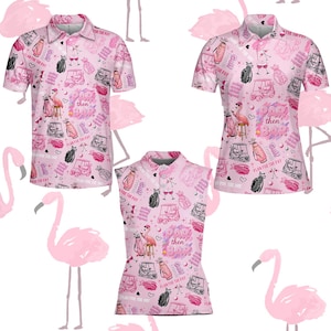 Funny Girls Golf Trip Polo Shirt for Women Men, Pink Flamingo Par Then Bar Pattern Golf Shirt, Sleeveless Summer Golf Top Gift