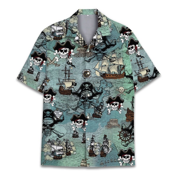 Pirate Skull Hawaiian Shirts for Men Women, Vintage Pirate Treasure Map Shirt Button Down Short Sleeves, Pirate Theme Lover Shirt