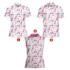 Polo de golf rosa para hombre y mujer, con divertido estampado de palos y lazo de carrito de golf, sin mangas y de manga corta para amantes del golf, ideal como regalo.