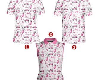 Cute Pink Golf Polo Shirt for Women Men, Funny Golf Cart Bow and Club Pattern, Sleeveless & Short Sleeve Polo for Golf Friends, Gift Idea