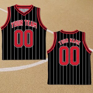 May include: Black and red basketball jersey with white vertical stripes. The front of the jersey says "YOUR TEAM" and has the number "00" in red. The back of the jersey says "YOUR NAME" and has the number "00" in red.