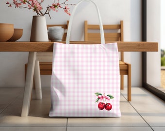 Pink Gingham Coquette Tote Bag with Cherries and Bow, Cherry Tote Bag, Reusable Grocery Bag, Library Book Bag and Gift for Teens