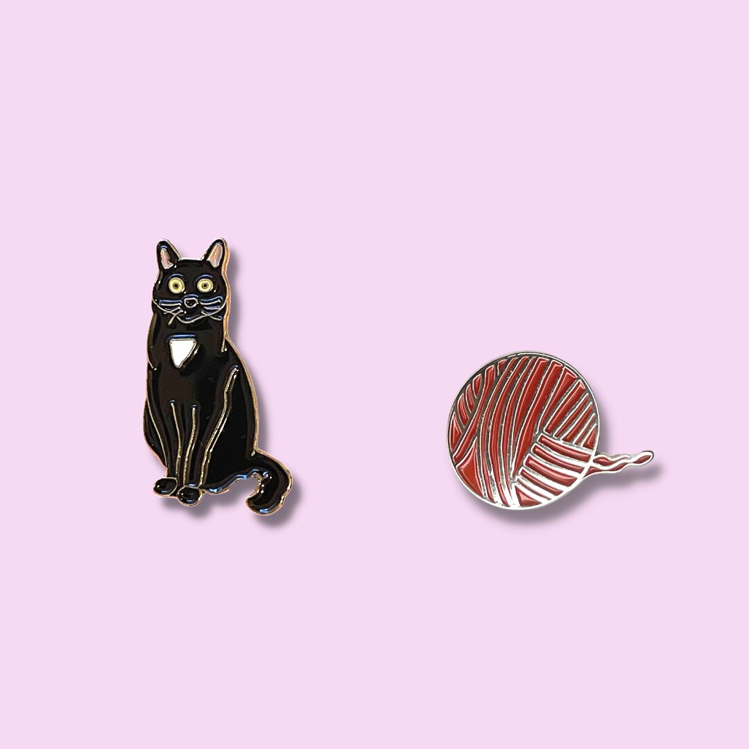 Triangular Cat Pin Black Cat Enamel Pin and Yarn Ball Pin, Novelty Pin Gift, Tuxedo Cat ...