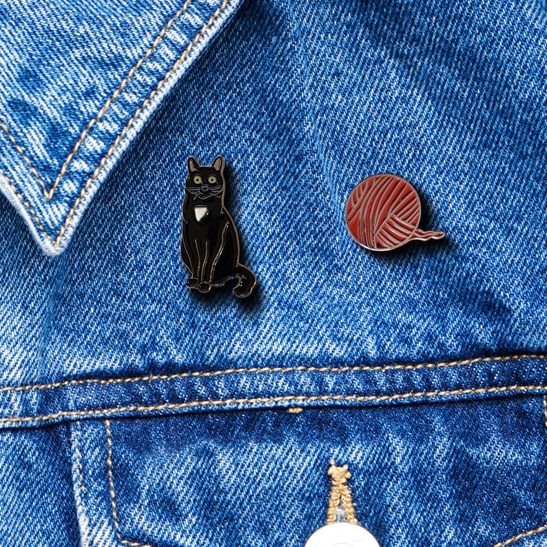 Black Cat Enamel Pin and Yarn Ball Pin, Novelty Pin Gift, Tuxedo Cat ...