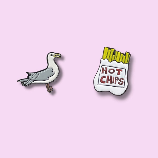 Seagull and French Fries Enamel Pin, Enamel Pin Gift Set, Cute Bird and Hot Chips Badge, Fun Fashion Lapel Pin, Fun Jewellery, Beach Pin