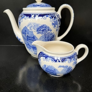 Antique Petrus Regout Maastricht Castillo Coffee/Tea Pot & Creamer: Blue Transferware