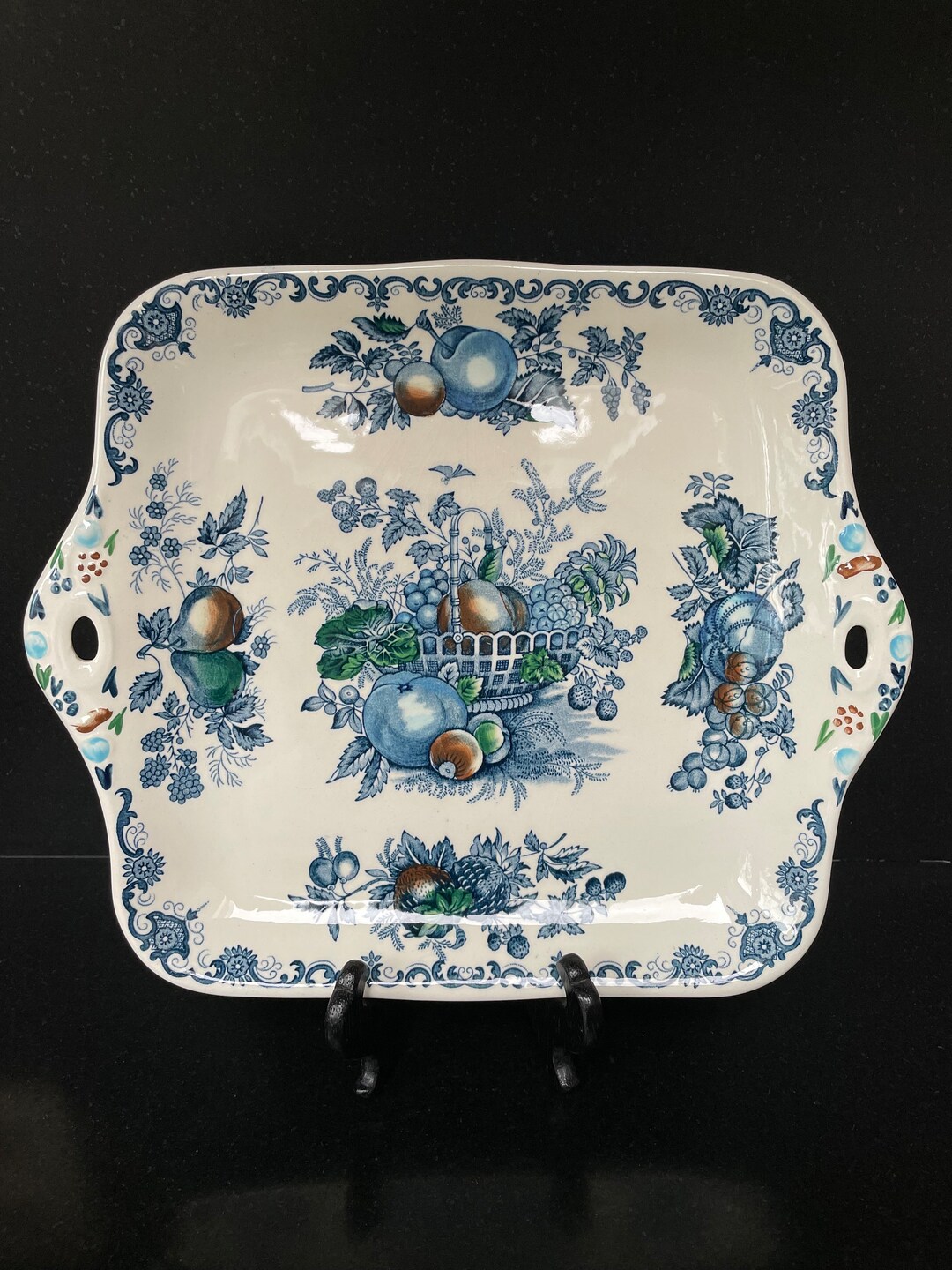 Vintage Square Bread and Butter Plate Fruit Basket Blue Multicolor by