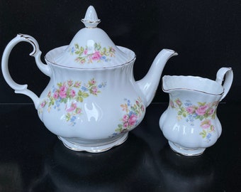 Vintage Fantastic ROYAL ALBERT Bone China "MOSS Rose" Duo Teapot and a Creamer. Made in England.