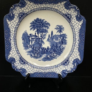 Vintage Octagonal Plate by Adams / &quot;Landscape&quot; pattern / Rare Blue Square Platter 24 cm. England.