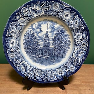 Vintage Staffordshire Liberty Blue, Independence Hall, blue and white ironstone pottery