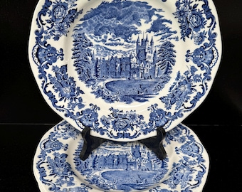 Unicorn Geschirr Royal Homes of Britain 6 Speiseteller 25 cm. Blaue Transferware. Hergestellt in England.