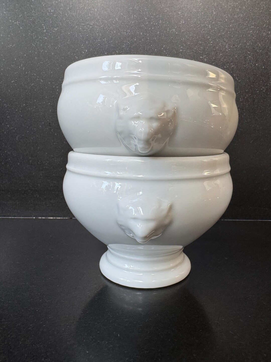 Lot De 2 Bols Vintage Tête De Lion – Porcelaine Grise – Fabrication France