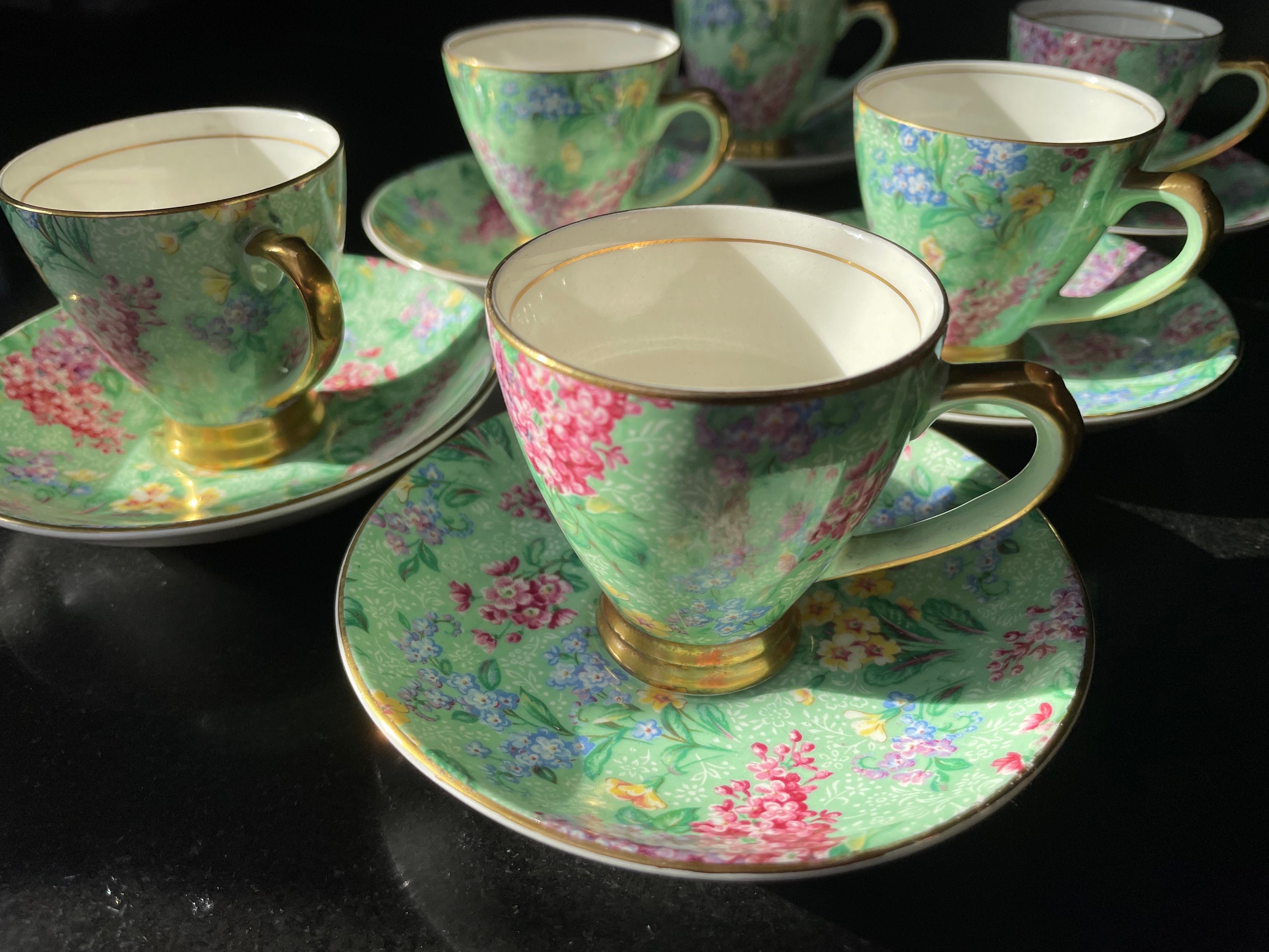 Vintage Lilac Time Chintz Set of 6 Art Deco Demitasse Cups And Saucers, Empire SO7 // Made in England in 1930s