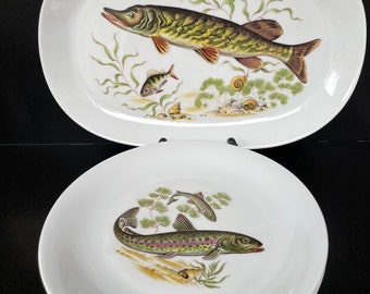 vintage Vohenstrauss Johann Seltmann 6x Assiettes de poisson et 1x Plat de service Bavière Porzellan