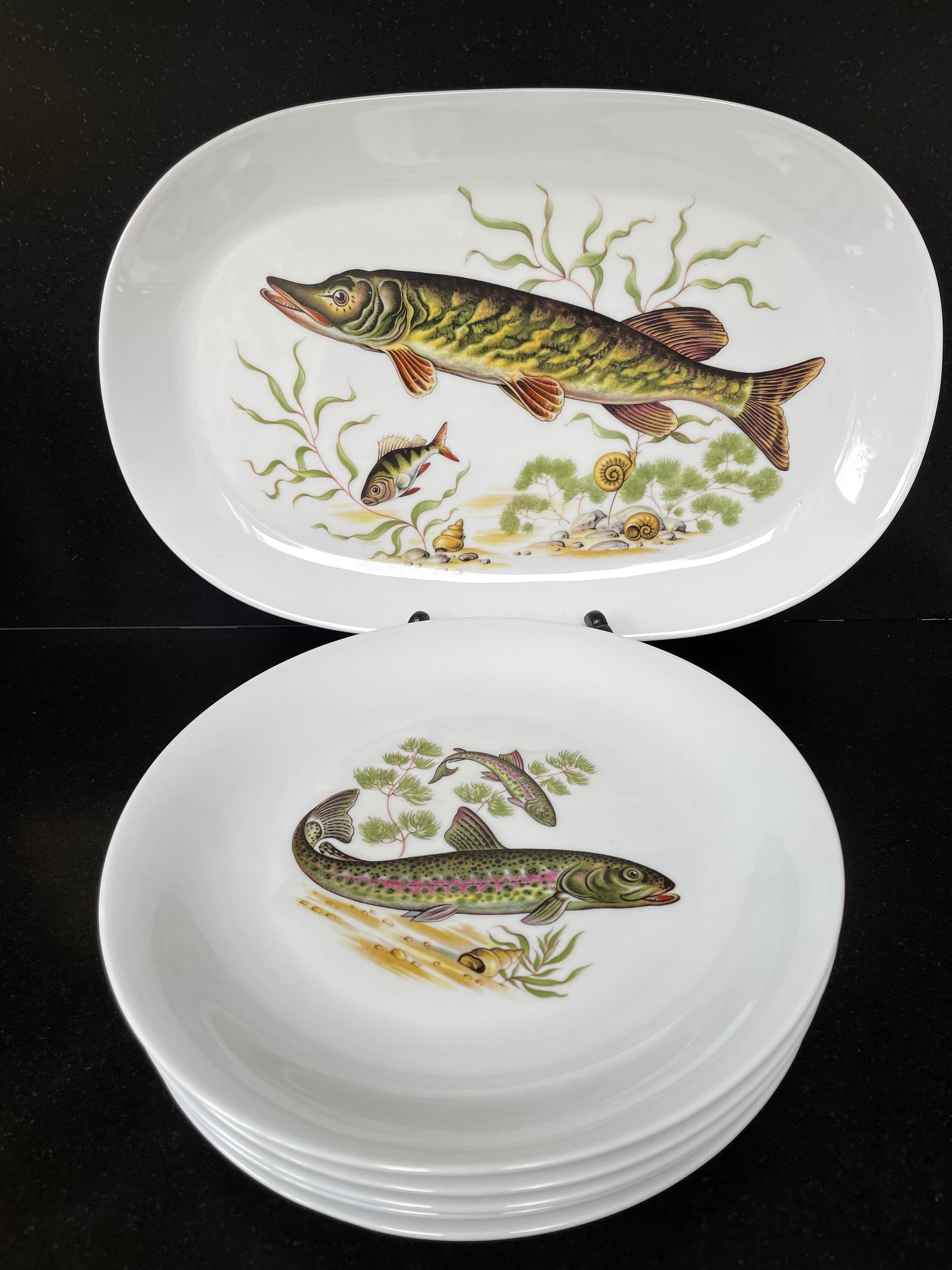 Service à Poissons 8 Pièces Porcelaine Bavaria – Rehauts Dorés – Mitterteich, état Vintage