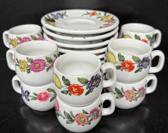 Set van 10 Porcelaine a feu Frankrijk / Porcelaine de Paris / Koffiekopjes en schoteltjes / Decor Les Quatre Saisons