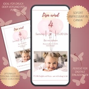 Invito digitale per il compleanno dei bambini | Modello Canva modificabile | Possibilità di personalizzazione | Video WhatsApp JPG | Design stampabile per bambina