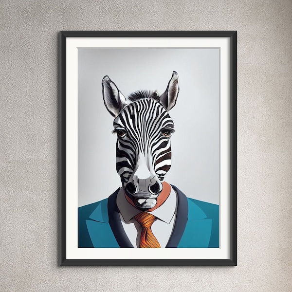 ZEBRA Quirky Portrait ART PRINT Poster Wall Picture Animal Head Human Body Funny Vintage Unusual Home Decor Digital Prints Instant Download