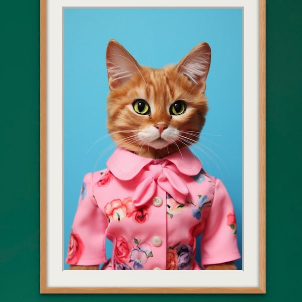 Barbie Cat Portrait, Feline Fashion Icon, Vintage Style, Altered Art, Retro Chic, Animal in Costume, Printable Digital Art, INSTANT DOWNLOAD