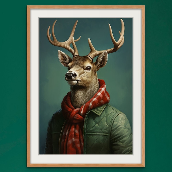 STAG Christmas Vintage Portrait, Renaissance Animal Painting, Altered Art, Animal Head Human Body, Royal Digital Printable, INSTANT DOWNLOAD