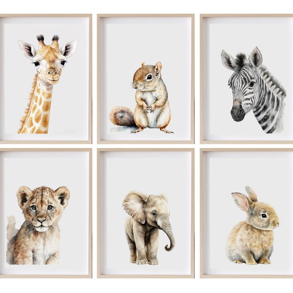 Safari Animal nursery prints, Set of 6 Prints, Nursery decor, Nursery wall art, Baby Animal prints for nursery, animal portrait