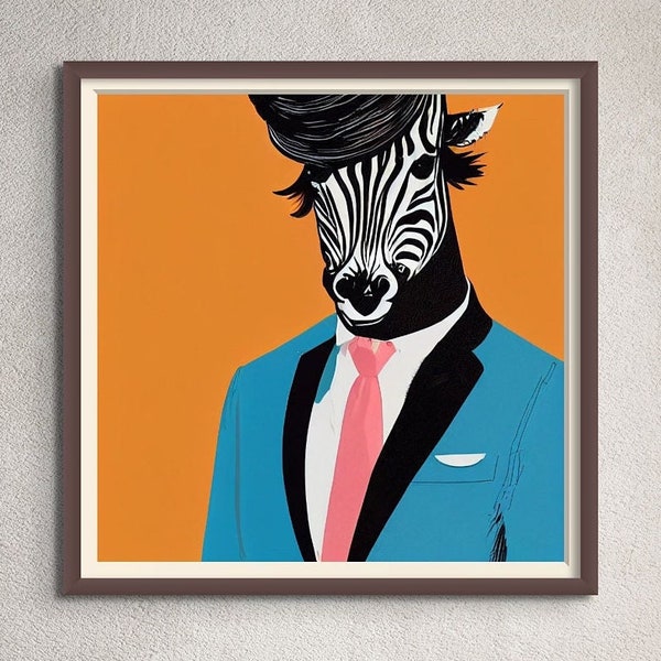 ZEBRA Quirky Portrait ART PRINT Poster Wall Picture Animal Head Human Body Funny Vintage Unusual Home Decor Digital Prints Instant Download