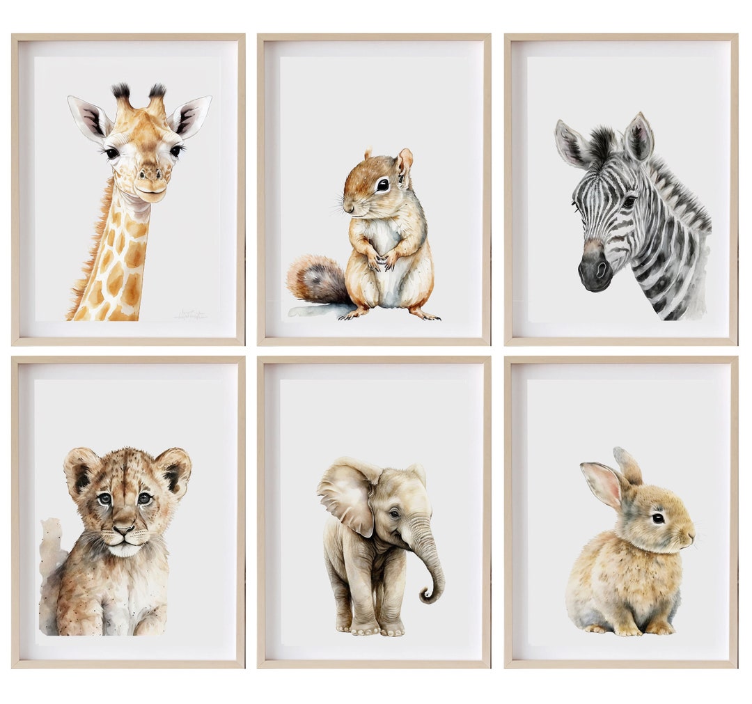 Safari Animal Nursery Prints, Set of 6 Prints, Nursery Decor, Nursery