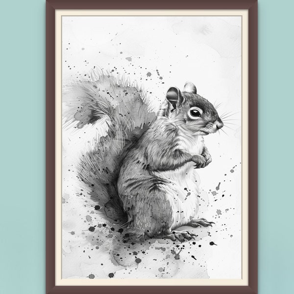 Grey Squirrel Portrait, Watercolor Painting, Black White Animal Art, Printable Wall Decor, INSTANT DOWNLOAD, Unique Gift for Nature Lovers