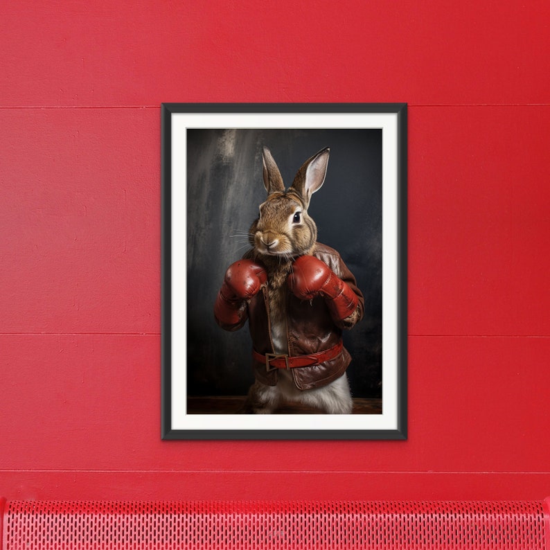 Boxing Bunny Portrait, Fighting Rabbit Art, Printable Animal Decor ...