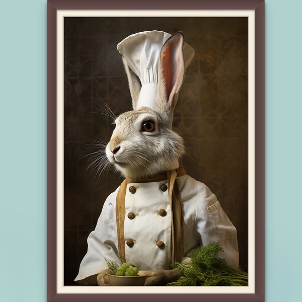 Rabbit Chef Portrait, Whisking Hare Art, Printable Kitchen Decor, Cute Culinary Accent, INSTANT DOWNLOAD, Unique Gift for Foodies