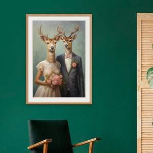 Cool Stag Couple Portrait, Happy Deer Marriage Art, Printable Wedding