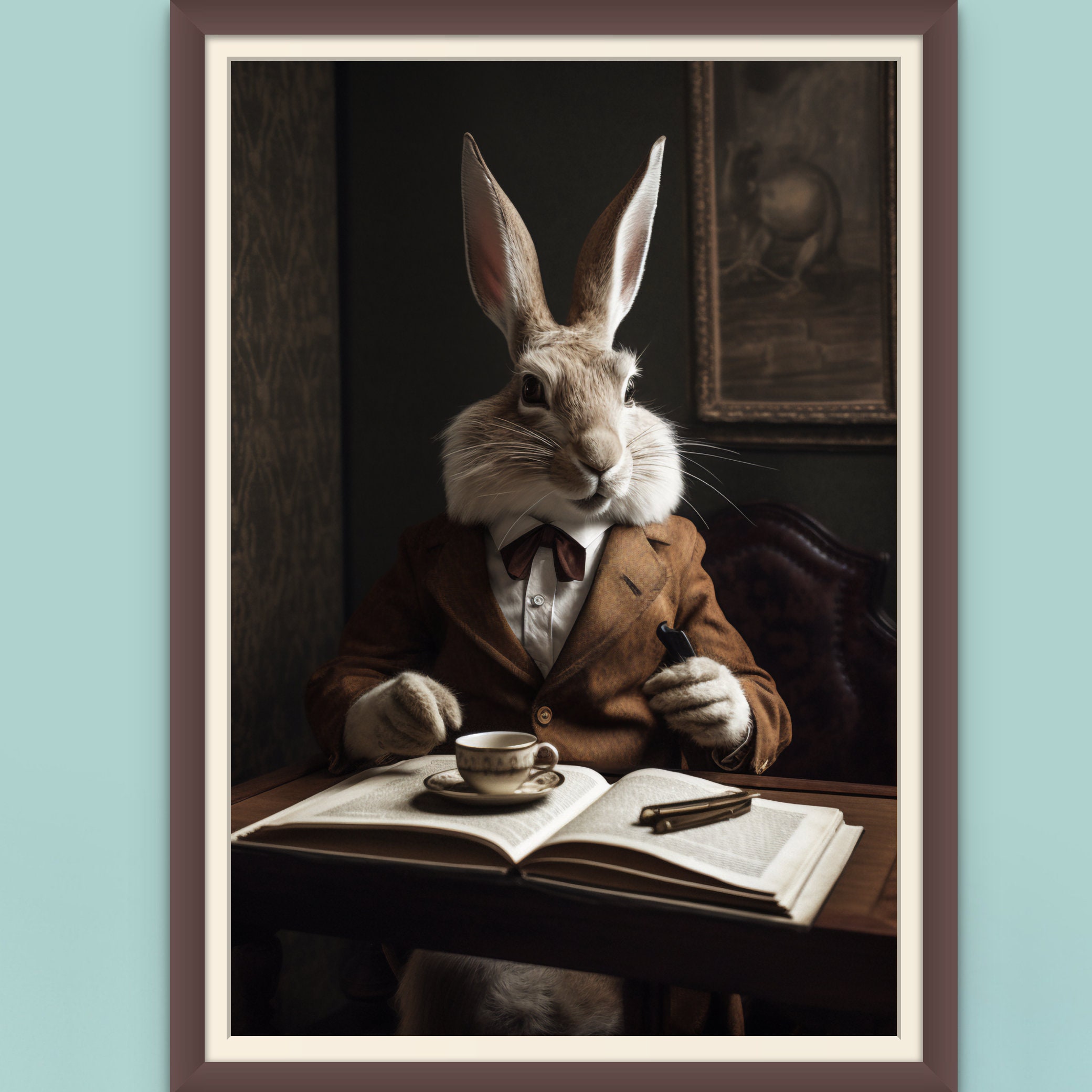 Unusual Rabbit Drawings Rabbit Quirky Portrait ART PRINT Poster Wall Picture Animal Head Human ...
