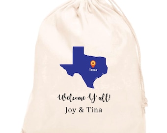 Sacchetto regalo in cotone personalizzato con mappa del Texas, ideale per addio al nubilato o come sorpresa.