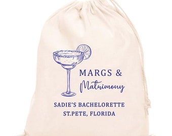 Personalisierte Bachelorette Bevorzugungs-Tasche aus Baumwolle: Margs & Matrimony-Recovery-Kit