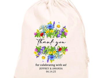 Borsa personalizzata con fiori selvatici, regalo di ringraziamento personalizzato per gli invitati al matrimonio con motivi floreali, borse a tema botanico