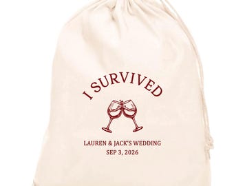 Sacchetto regalo fatto a mano "I Survived": ideale per feste di addio al nubilato o per riprendersi da un matrimonio, 100% cotone.