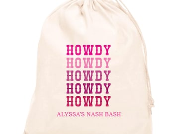 Sacchetti regalo in cotone personalizzati per addio al nubilato con la scritta "Howdy".